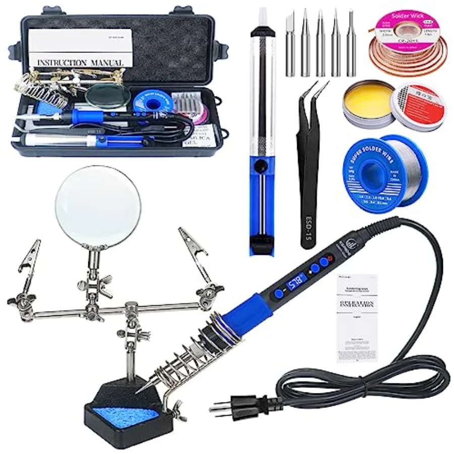 Soldering Iron Kit, 100W High-Power LCD Digital Soldering Iron, Circuit Board Repair Soldering Kit with Magnifying Glass Helpin
Soldering Iron Kit, 100W High-Power LCD Digital Soldering Iron, Circuit Board Repair Soldering Kit with Magnifying Glass Helpin