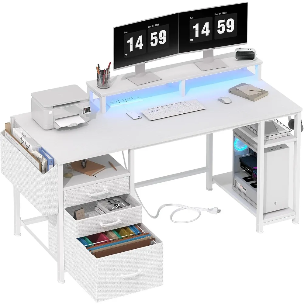 55 Inch Home Office Desk with Monitor Stand, Bedroom Writing Study Game Desk with LED Lights and Power Sockets
55 Inch Home Office Desk with Monitor Stand, Bedroom Writing Study Game Desk with LED Lights and Power Sockets