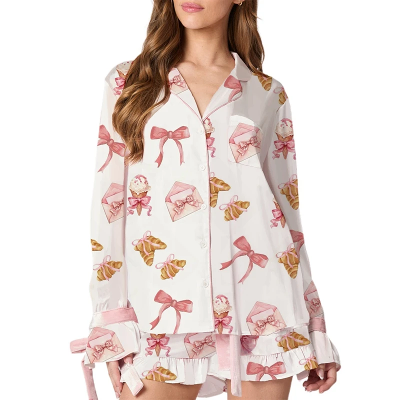 Christmas Holiday Sleepwear Bow Socks Print Button Shirt + Ruffled Shorts Sweet Cute Pajamas Satin Soft 2 Piece Sleepwear Women
Christmas Holiday Sleepwear Bow Socks Print Button Shirt + Ruffled Shorts Sweet Cute Pajamas Satin Soft 2 Piece Sleepwear Women