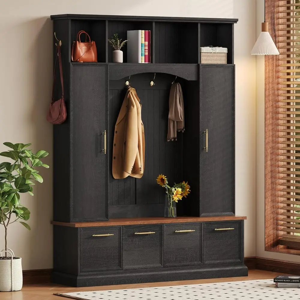 59" W Hall Tree with Bench and Shoe Storage, armhouse Artched Entryway Bench with n Hooks & Handles, Coat Rack Cabinet with Adju
59" W Hall Tree with Bench and Shoe Storage, armhouse Artched Entryway Bench with n Hooks & Handles, Coat Rack Cabinet with Adju