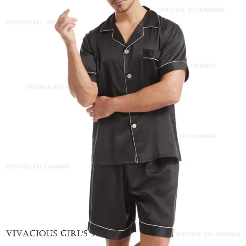 Fashion Mens Silky Satin Pajamas Set Sleepwear Black Short Sleeves Button T-Shirt Tops with Elastic Waistband Shorts Homewear
Fashion Mens Silky Satin Pajamas Set Sleepwear Black Short Sleeves Button T-Shirt Tops with Elastic Waistband Shorts Homewear