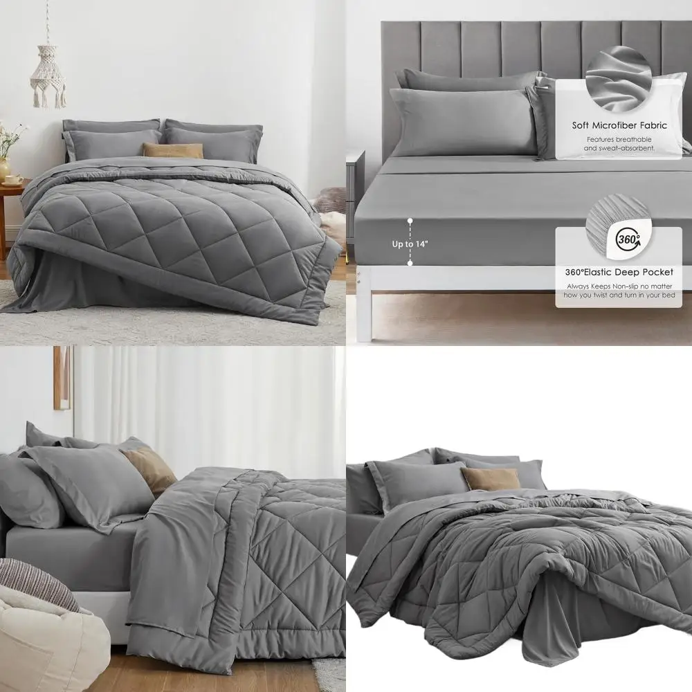 Серый комплект постельного белья California King из 7 предметов: всесезонное постельное белье с одеялом, простыней на резинке, плоской простыней, 2 наволочками и 2 декоративными наволочками.
Серый комплект постельного белья California King из 7 предметов: всесезонное постельное белье с одеялом, простыней на резинке, плоской простыней, 2 наволочками и 2 декоративными наволочками.