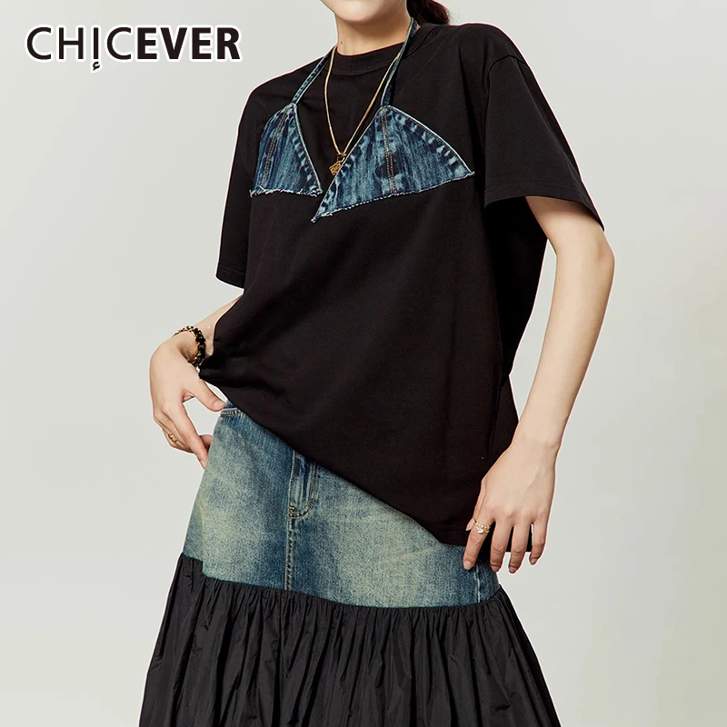 CHICEVER Patchwork Denim Colorblock T Shirt For Women Round Neck Short Sleeve Spliced Lace Up Casual Fashion T Shirts Female New
CHICEVER Patchwork Denim Colorblock T Shirt For Women Round Neck Short Sleeve Spliced Lace Up Casual Fashion T Shirts Female New