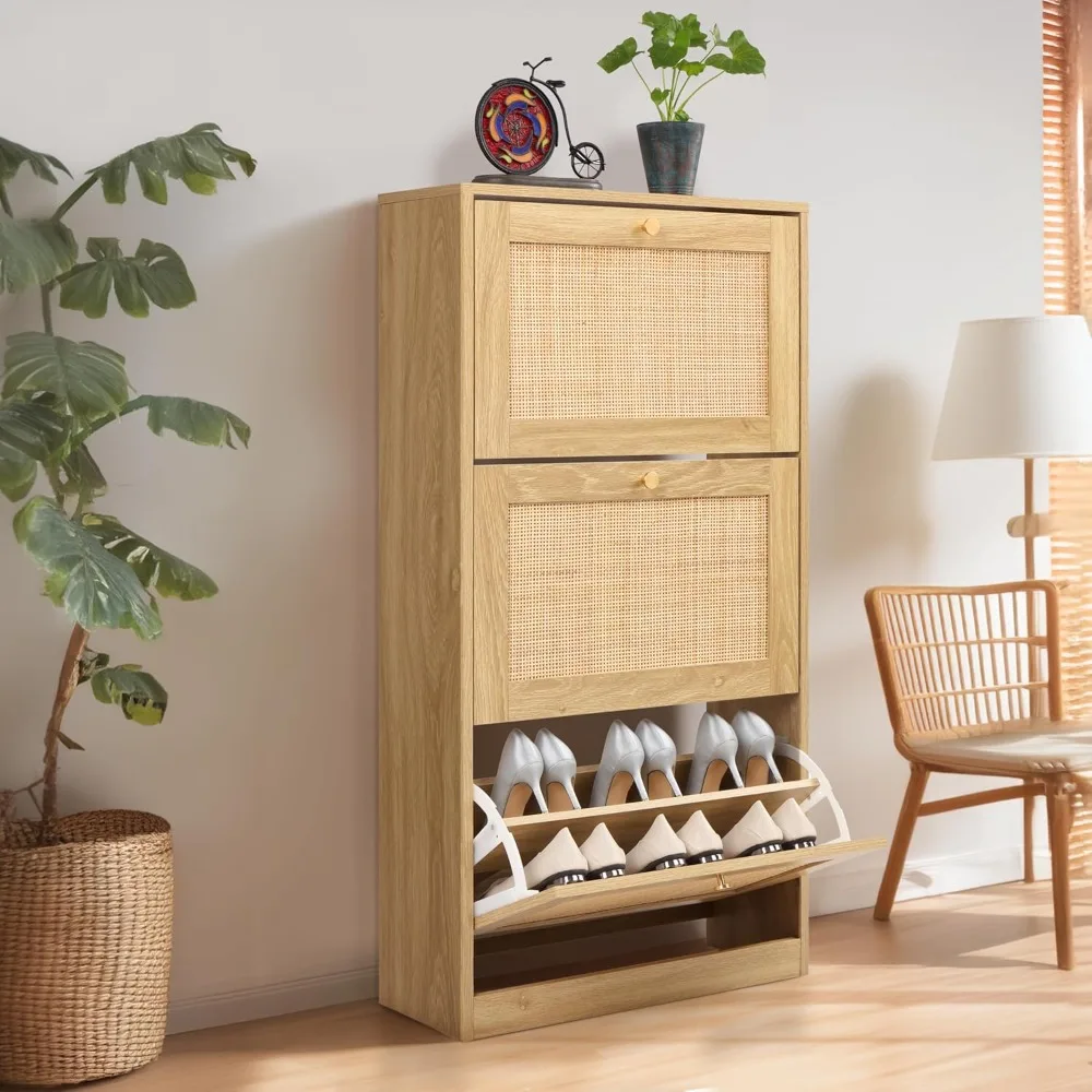 Shoe cabinet with 3-tier rattan flip drawer, free-standing skinny shoe organizer, shoe cabinet with adjustable width drawer
Shoe cabinet with 3-tier rattan flip drawer, free-standing skinny shoe organizer, shoe cabinet with adjustable width drawer