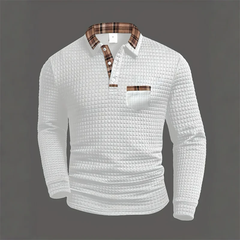 Men's casual polka dot jacquard solid color long-sleeved polo shirt, plaid patchwork collared pocket top, casual business style.
Men's casual polka dot jacquard solid color long-sleeved polo shirt, plaid patchwork collared pocket top, casual business style.