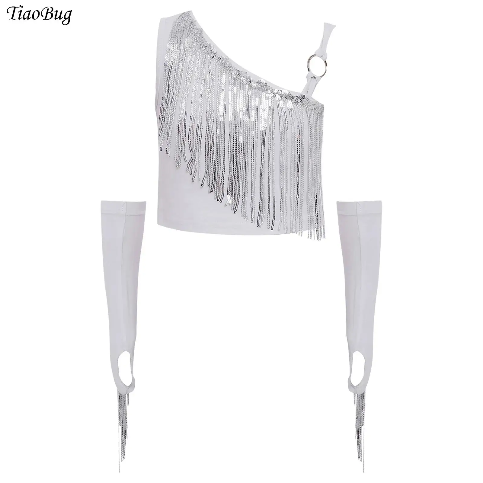 Kids Girls Hip Hop Jazz Dance Costume 2Pcs/Set Shiny Sequins Tassels Asymmetrical Crop Top with Fringe Gloves Latin Dance Top 
Kids Girls Hip Hop Jazz Dance Costume 2Pcs/Set Shiny Sequins Tassels Asymmetrical Crop Top with Fringe Gloves Latin Dance Top