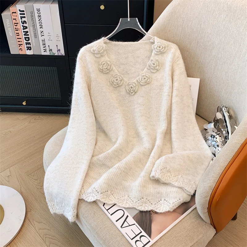 Women's Light Grey Knit Pullover Long Sleeve V-Neck Sweater Harajuku Vintage Y2k 3D Floral Cashmere Sweater 2000s Clothes Autumn
Women's Light Grey Knit Pullover Long Sleeve V-Neck Sweater Harajuku Vintage Y2k 3D Floral Cashmere Sweater 2000s Clothes Autumn