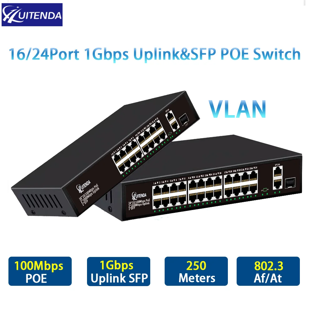 Huitenda 16/24*10/100Mbps AI POE Switch 2*1Gbps Uplink Port+SFP port Network Ethernet VLAN RJ45 Switch for IP camera/NVR 
Huitenda 16/24*10/100Mbps AI POE Switch 2*1Gbps Uplink Port+SFP port Network Ethernet VLAN RJ45 Switch for IP camera/NVR