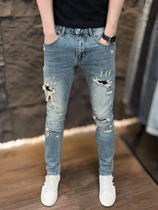 Мужские эластичные облегающие джинсы, весна-лето, лоскутные повседневные молодежные брендовые длинные брюки в стиле ретро, износостойкие для отдыха 
Мужские эластичные облегающие джинсы, весна-лето, лоскутные повседневные молодежные брендовые длинные брюки в стиле ретро, износостойкие для отдыха