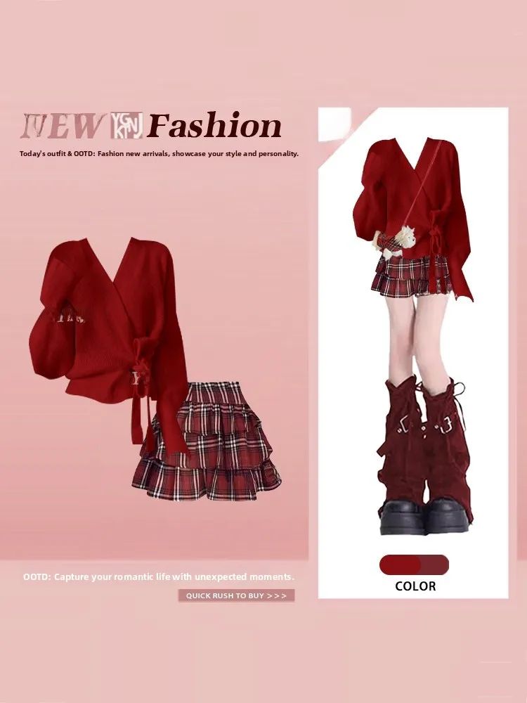 Sweet Red V-Neck Knitted Top with Belt Spring Plaid Puffy Skirt Two-Piece Set Women's Fashion Ensemble Gentle Breeze Style
Sweet Red V-Neck Knitted Top with Belt Spring Plaid Puffy Skirt Two-Piece Set Women's Fashion Ensemble Gentle Breeze Style