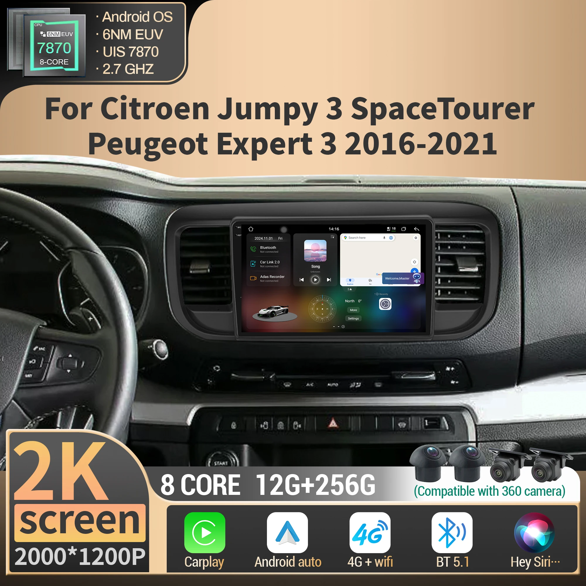 For Citroen Jumpy 3 SpaceTourer Peugeot Expert 3 2016-2021 Android Car Radio Multimedia Carplay GPS 4G CPU 7870 2K QLED Screen
For Citroen Jumpy 3 SpaceTourer Peugeot Expert 3 2016-2021 Android Car Radio Multimedia Carplay GPS 4G CPU 7870 2K QLED Screen