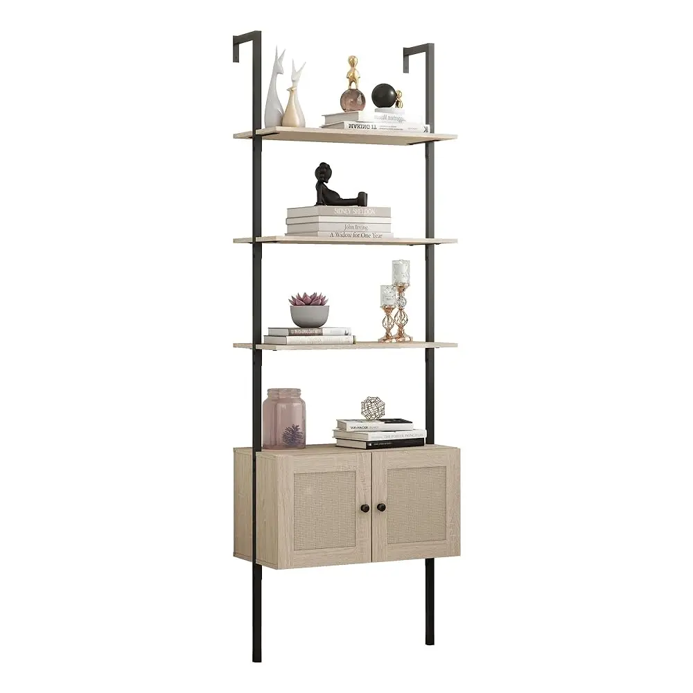 Modern 3 Tier Bookcase With Rattan Cabinet In Light Oak Finish With Matte Bla Metal Frame For Living Room, Home Office Storage
Modern 3 Tier Bookcase With Rattan Cabinet In Light Oak Finish With Matte Bla Metal Frame For Living Room, Home Office Storage