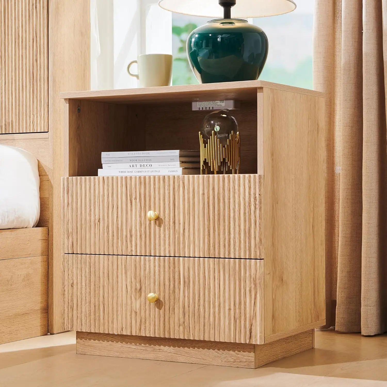 Fluted Night Stand With Charging Station, 21.65" Wide 2 Drawers Nightstand With & Open Shelf And Golden Metal, Customized
Fluted Night Stand With Charging Station, 21.65" Wide 2 Drawers Nightstand With & Open Shelf And Golden Metal, Customized