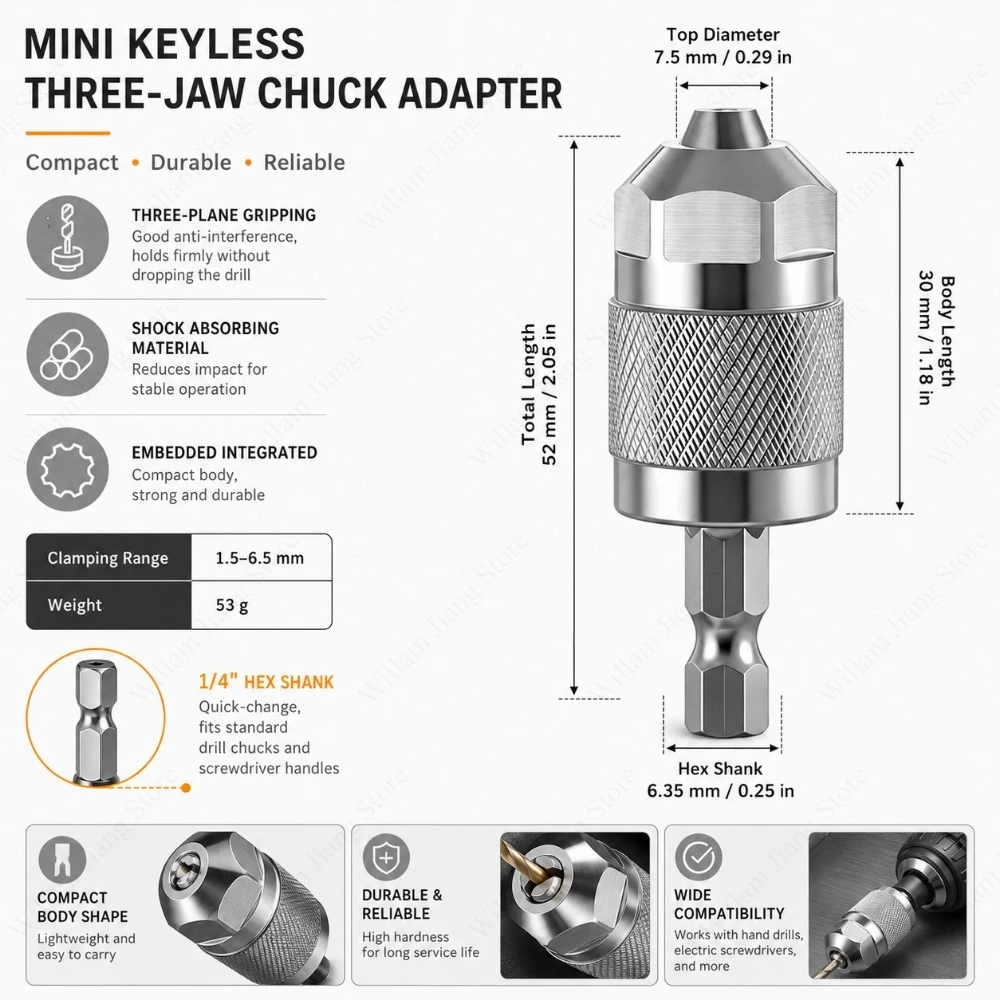 Hex Shank Drill Chuck Converter Quick Change 3 Jaw Chuck Adapter for Power Tools Drilling Grinding Home Repair Applications
Hex Shank Drill Chuck Converter Quick Change 3 Jaw Chuck Adapter for Power Tools Drilling Grinding Home Repair Applications