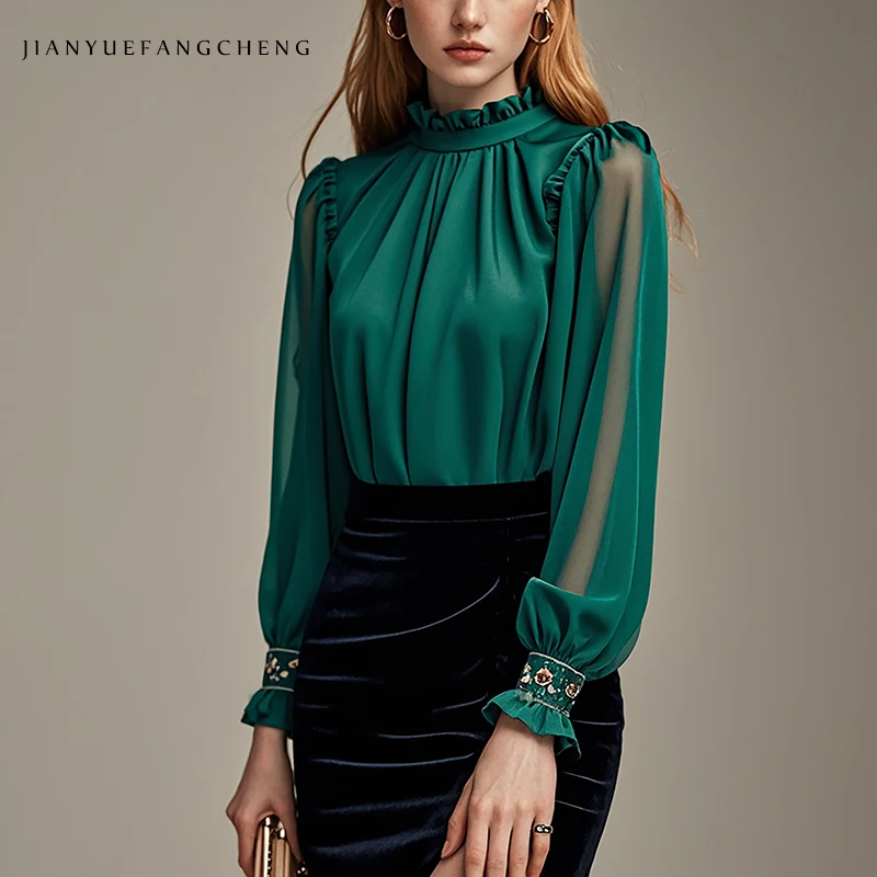 Элегантная зеленая шифоновая блузка во французском стиле с воротником-стойкой и длинными рукавами, свободный крой, прозрачный пуловер, топы
Элегантная зеленая шифоновая блузка во французском стиле с воротником-стойкой и длинными рукавами, свободный крой, прозрачный пуловер, топы