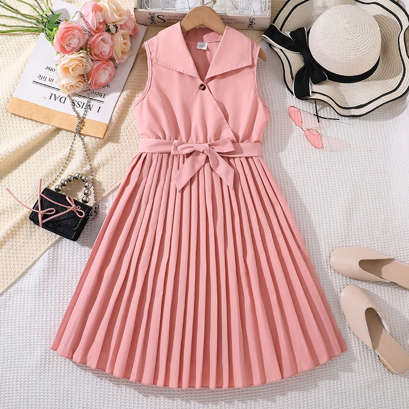 Kids Dress For Girls Solid Color Pink Sleeveless V-Neck Belted Pleated 8-12 Years Summer Fashion Sweet Style Princess Dress
Kids Dress For Girls Solid Color Pink Sleeveless V-Neck Belted Pleated 8-12 Years Summer Fashion Sweet Style Princess Dress