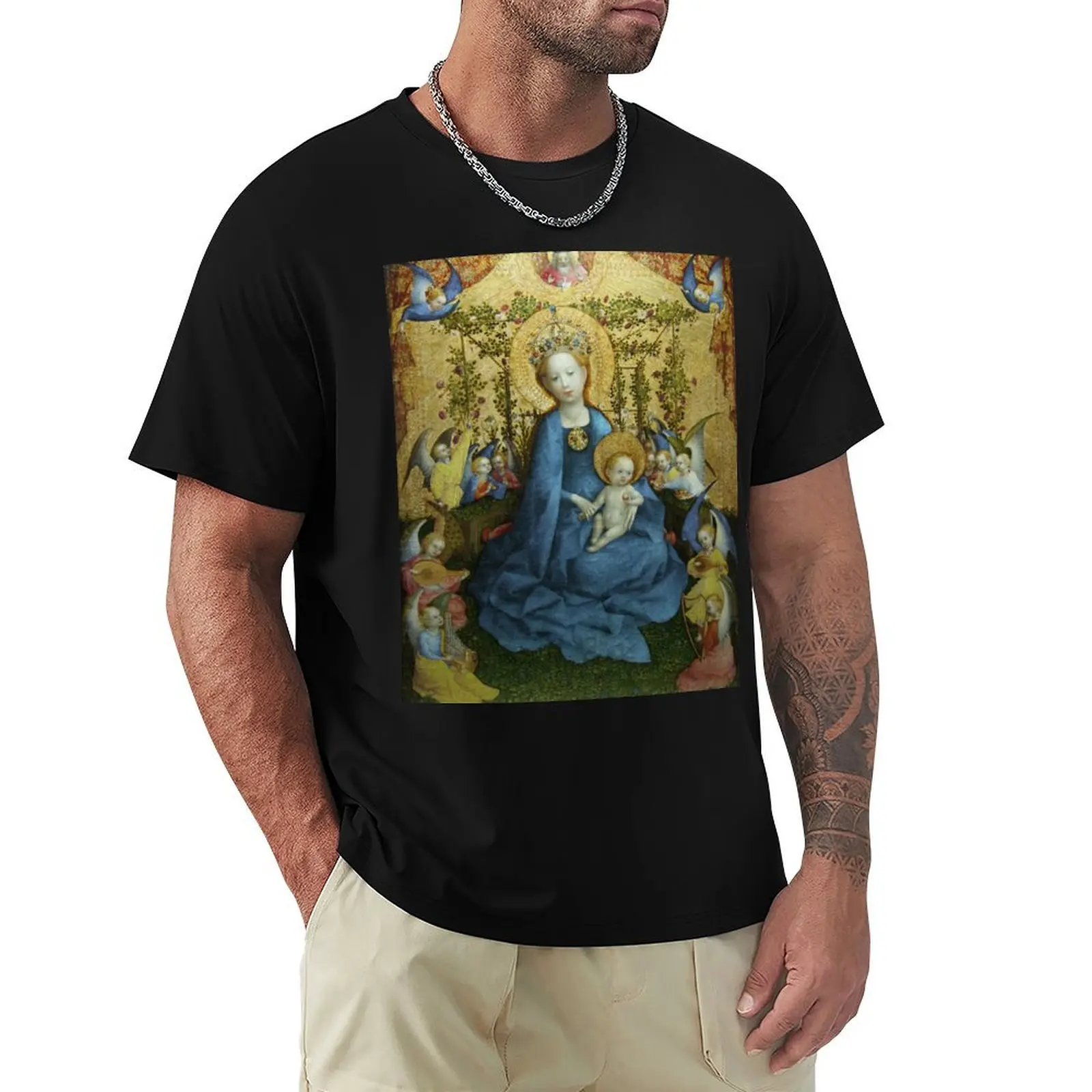 Mother Mary: Madonna in the rose-garden, by Stefan Lochner 1448 T-Shirt Holiday Casual Short Sleeve Top
Mother Mary: Madonna in the rose-garden, by Stefan Lochner 1448 T-Shirt Holiday Casual Short Sleeve Top