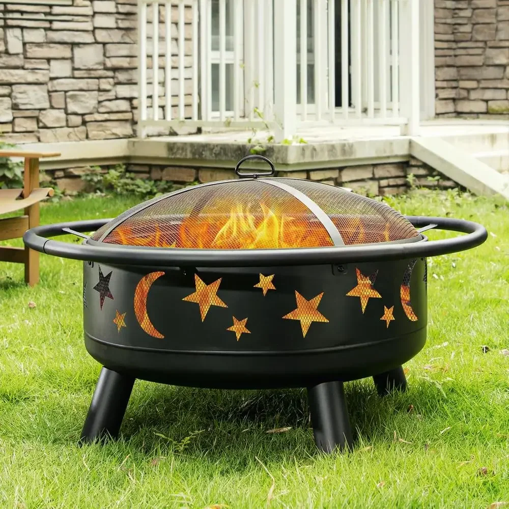 32 Inch Round Outdoor Fire Pit with Mesh Cover, Fire Poker, Star and Moon Design, Perfect for Backyard Parties and Holidays
32 Inch Round Outdoor Fire Pit with Mesh Cover, Fire Poker, Star and Moon Design, Perfect for Backyard Parties and Holidays