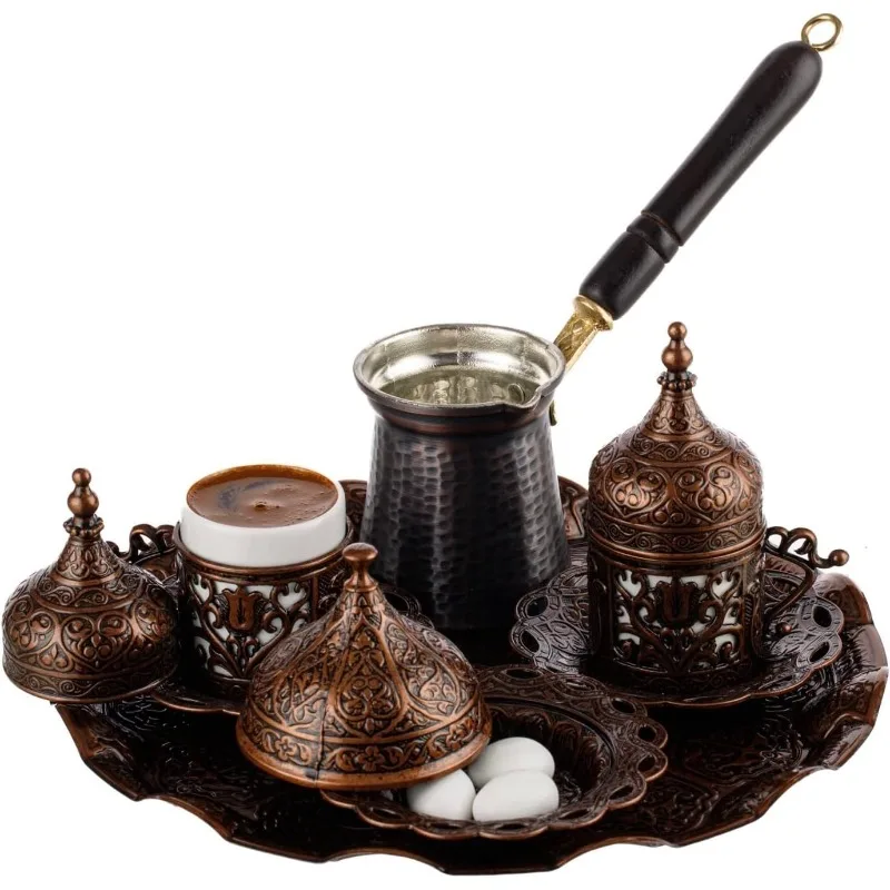 Coffee Making and Serving Full Set with Cups, Saucers, Lids, Sugar Bowl, Tray and Antiqued Copper Co
Coffee Making and Serving Full Set with Cups, Saucers, Lids, Sugar Bowl, Tray and Antiqued Copper Co