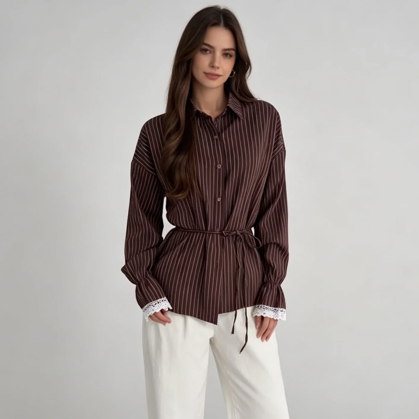 CiCi Striped Lace Cuff Blouse Women Belted Waist Long Sleeve Elegant Spring Summer Office Casual Button Down Shirt
CiCi Striped Lace Cuff Blouse Women Belted Waist Long Sleeve Elegant Spring Summer Office Casual Button Down Shirt