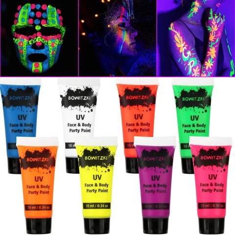 Bowitzki-pintura corporal facial de neón UV, 8 tubos, luz negra que brilla en la oscuridad, pintura fluorescente, festivales de música, fiesta de Halloween