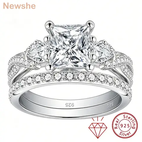 Newshe 2 Pcs Wedding Ring Set 925 Sterling Silver Moissanite Certified Princess Pear Cut Engagement Rings for Women Fine Jewelry