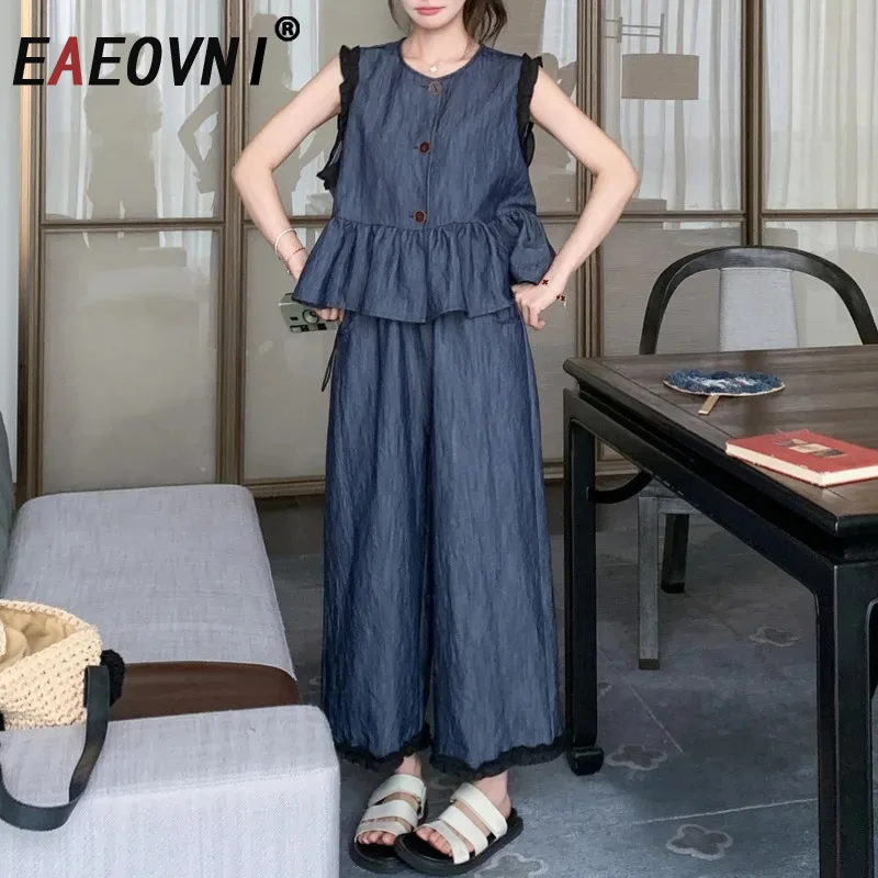 EAEOVNI Summer Fashion Blue Women Set Casual Sleeveless Ruffles Button Vest Jacket + Wide Leg Trousers 2025 Clothing 1A1032
EAEOVNI Summer Fashion Blue Women Set Casual Sleeveless Ruffles Button Vest Jacket + Wide Leg Trousers 2025 Clothing 1A1032