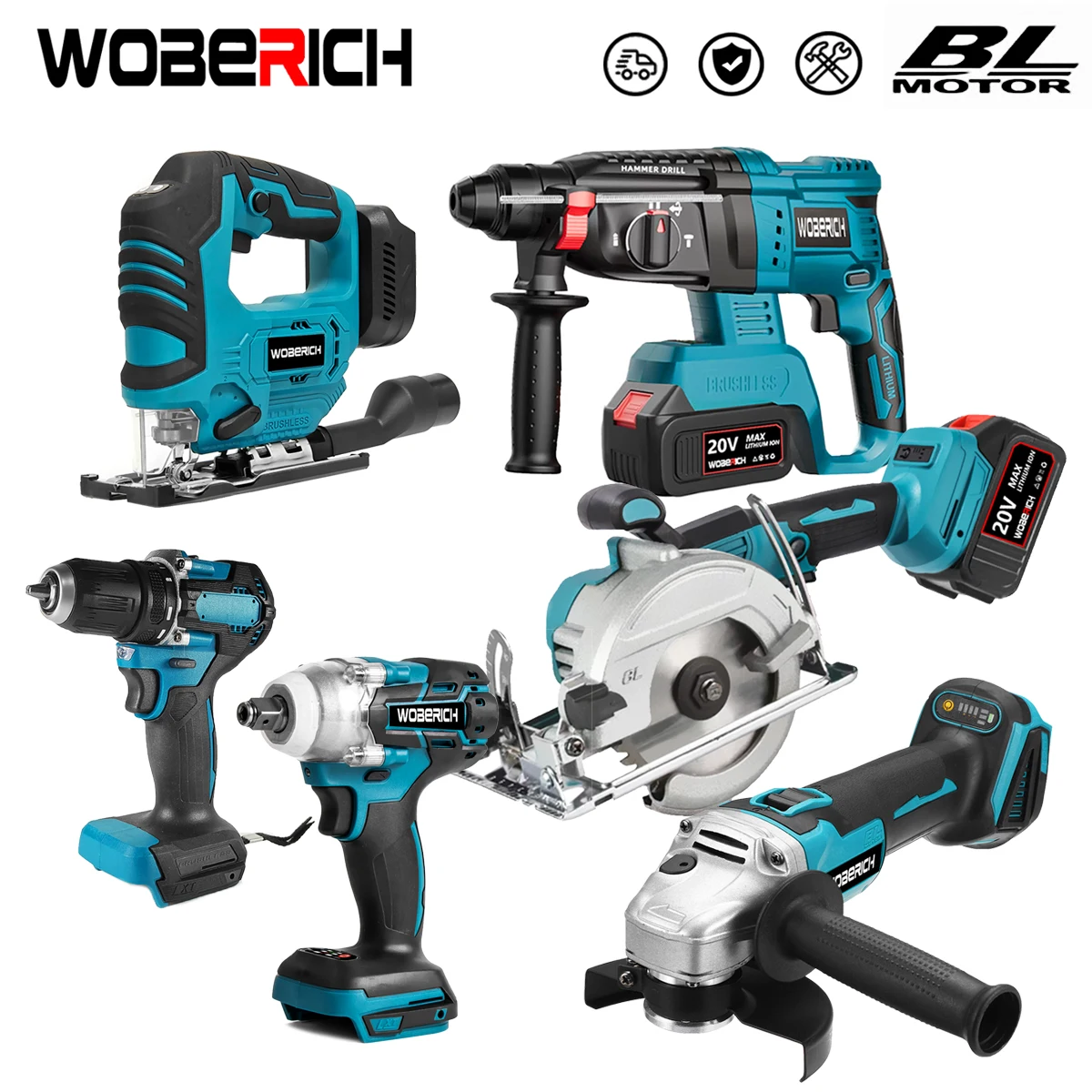 6 IN1 Brushless Motor Electric Jig Saw Angle Grinder Electric Impact Wrench Driver Drill Circular saw Hammer Drill For Makita
6 IN1 Brushless Motor Electric Jig Saw Angle Grinder Electric Impact Wrench Driver Drill Circular saw Hammer Drill For Makita