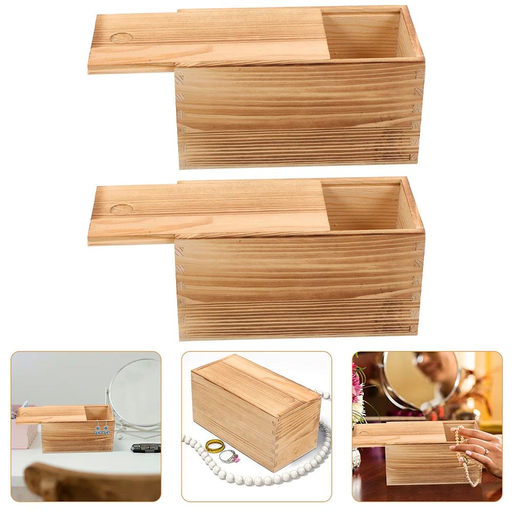 2Pcs Sliding Lid Wooden Box Multi-Functional Jewelry Storage Case Compact Organizer for Bracelets Rings Earrings Small Sundries