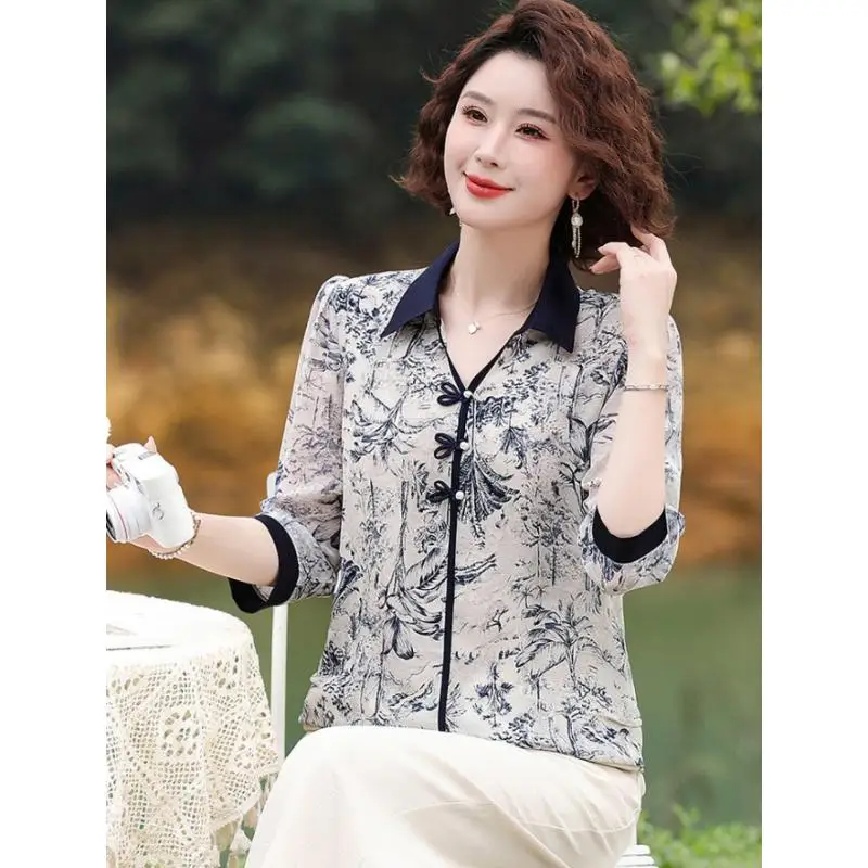 Women Age-reducing Shirt Summer New 3/4 Sleeve printing Shirt T-shirt Elegant Lapel Button Stylish Simple Loose Top
Women Age-reducing Shirt Summer New 3/4 Sleeve printing Shirt T-shirt Elegant Lapel Button Stylish Simple Loose Top