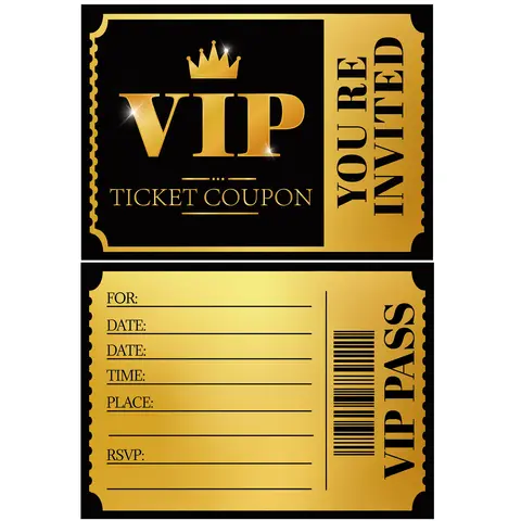 20 VIP party invitations, double-sided gold and silver, themed birthday celebration invitation cards, paper tickets for various
