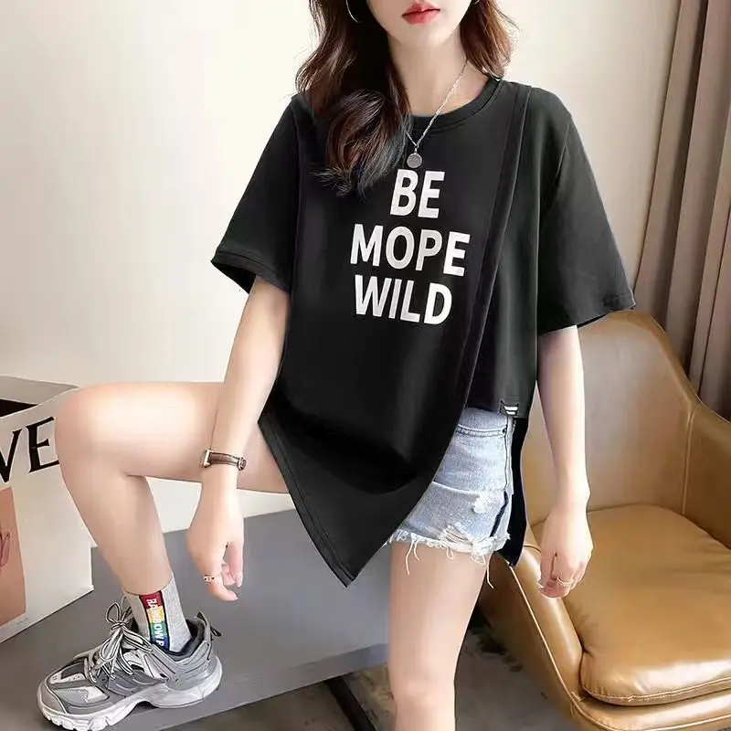 Irregular Split Hem Loose T Shirts Summer New Short Sleeve Solid Letter Print Youth Casual Tops Fashion Trend Women Clothing
Irregular Split Hem Loose T Shirts Summer New Short Sleeve Solid Letter Print Youth Casual Tops Fashion Trend Women Clothing