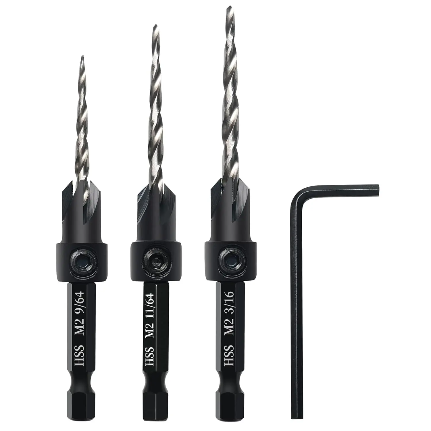 3PCS Countersink Drill Bit Set, Tapered Bits with 1/4" Hex Shank & Allen Wrench for Woodworking, Pilot Screw Hole for Soft & Hard Wood
3PCS Countersink Drill Bit Set, Tapered Bits with 1/4" Hex Shank & Allen Wrench for Woodworking, Pilot Screw Hole for Soft & Hard Wood