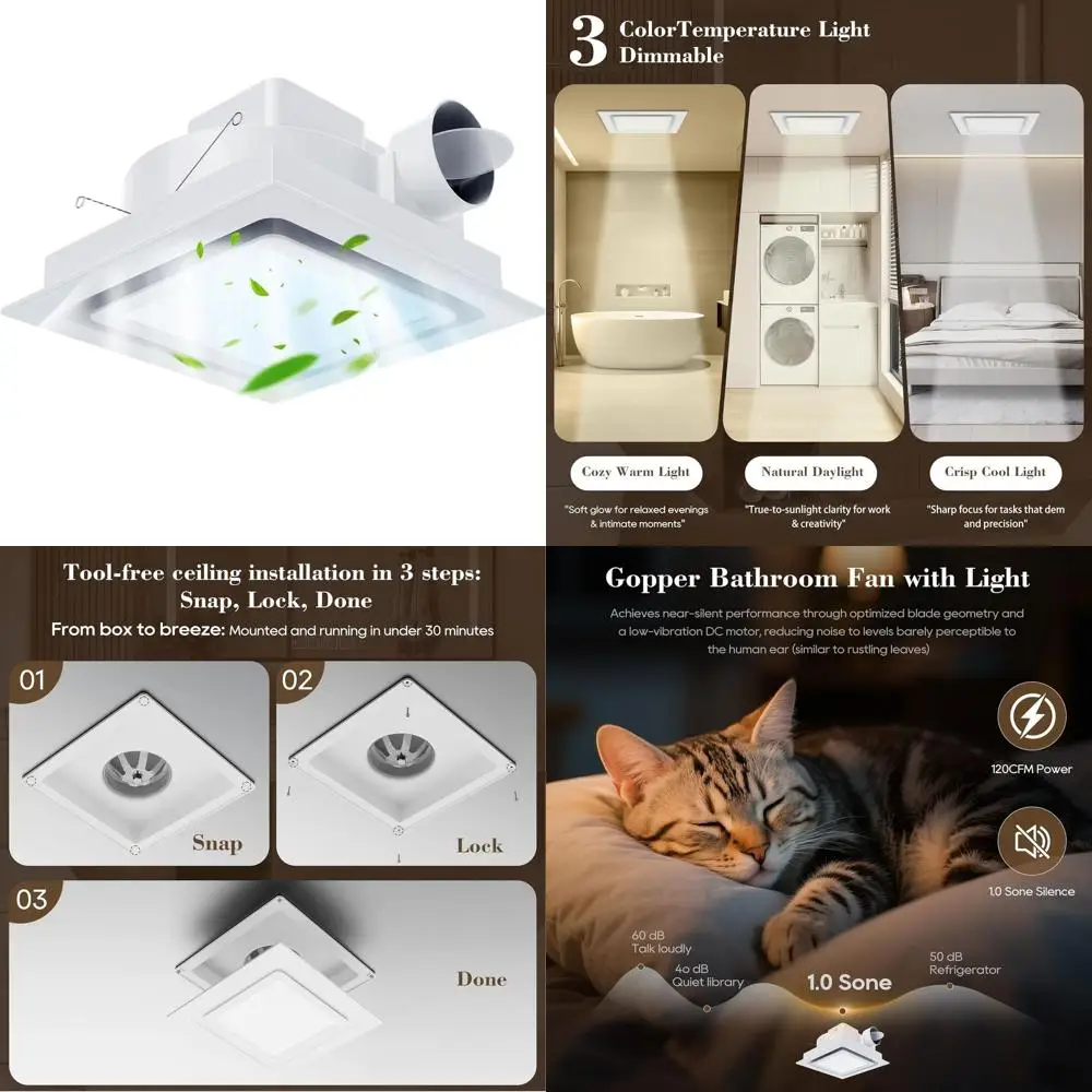 12 Silent Bathroom Exhaust Fan with 6500K LED, 1.0 Sone, 120 CFM, 10x10 Mount, 1500 Lumens Ceiling Ventilation, Energy Efficient
12 Silent Bathroom Exhaust Fan with 6500K LED, 1.0 Sone, 120 CFM, 10x10 Mount, 1500 Lumens Ceiling Ventilation, Energy Efficient