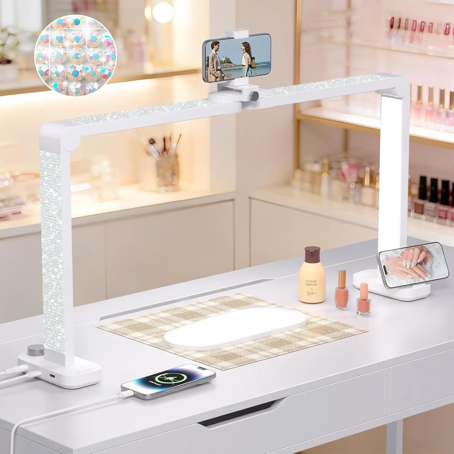 34" Large Square Nail Desk Lamp with Phone Holder, LED Light for Manicures and Tattoos, White Rhinestone Design
34" Large Square Nail Desk Lamp with Phone Holder, LED Light for Manicures and Tattoos, White Rhinestone Design