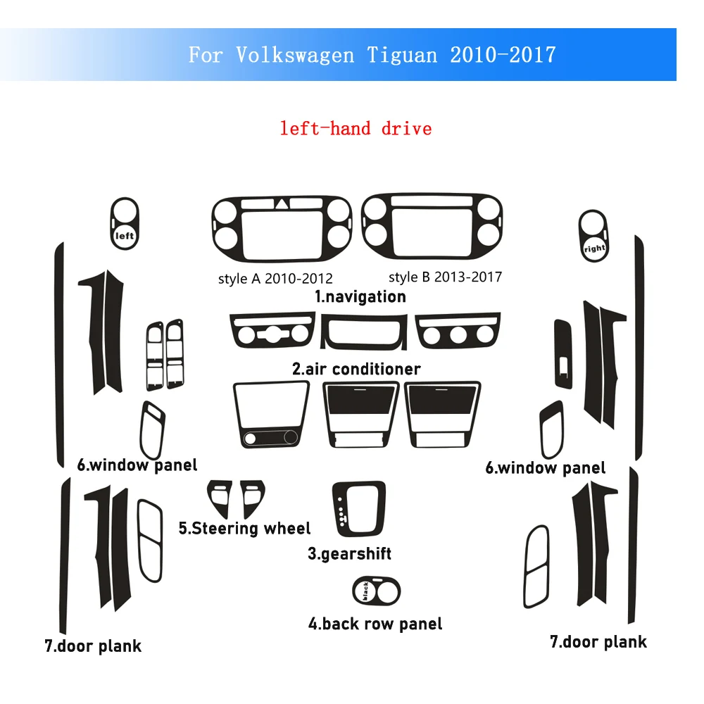 Наклейка из карбонового волокна для Volkswagen Tiguan 2010-2017: пленка для интерьера, центральной консоли, приборной панели, дверных ручек, панели управления климат-контролем
Наклейка из карбонового волокна для Volkswagen Tiguan 2010-2017: пленка для интерьера, центральной консоли, приборной панели, дверных ручек, панели управления климат-контролем