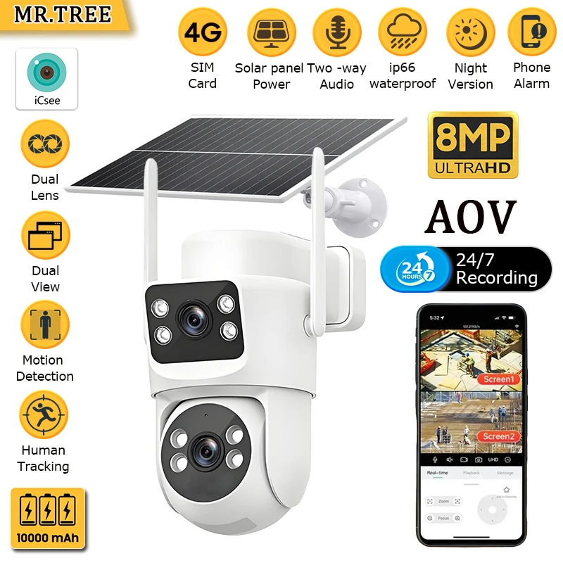 Home Surveillancen Solar Camera Dual Lens Outdoor 4G SIM PTZ Auto Tracking Alarm 8MP ICSee Security Night Vision CCTV IP Cams 
Home Surveillancen Solar Camera Dual Lens Outdoor 4G SIM PTZ Auto Tracking Alarm 8MP ICSee Security Night Vision CCTV IP Cams