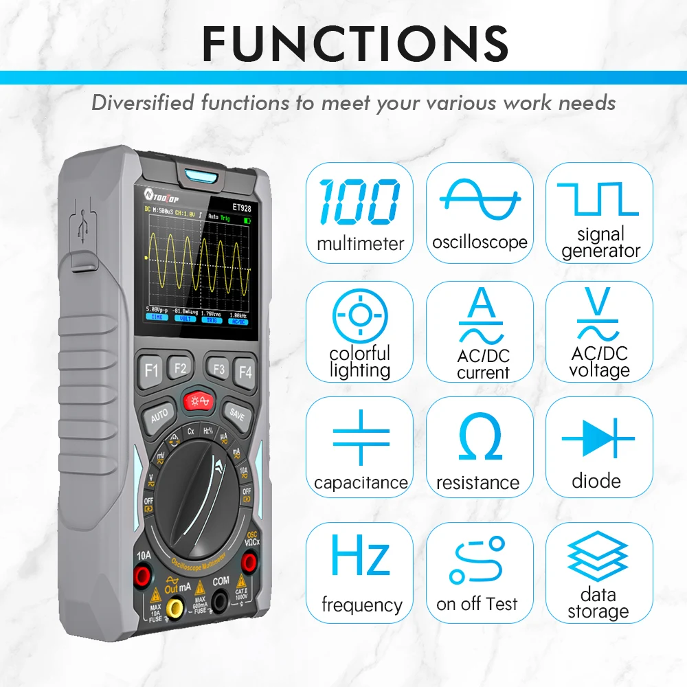 ET928 Auto Multimeter One Click Oscilloscope 12MHz 50Msps Sampling Rate 100KHz Waveform Signal Generator On Off Test Data Store
ET928 Auto Multimeter One Click Oscilloscope 12MHz 50Msps Sampling Rate 100KHz Waveform Signal Generator On Off Test Data Store