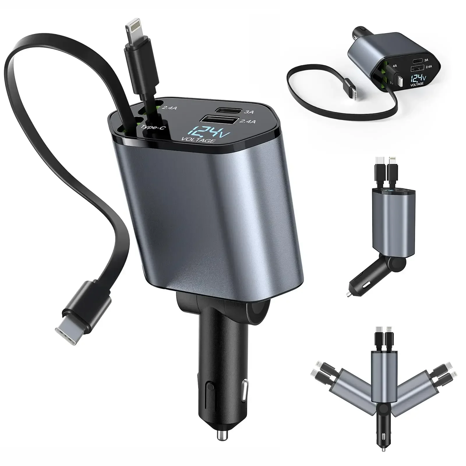 Retractable Car Charger, 4 in 1 Fast Charging Car Charger 120W, Retractable Cable and 2 USB Ports Car Charger Adapter Compatible
Retractable Car Charger, 4 in 1 Fast Charging Car Charger 120W, Retractable Cable and 2 USB Ports Car Charger Adapter Compatible