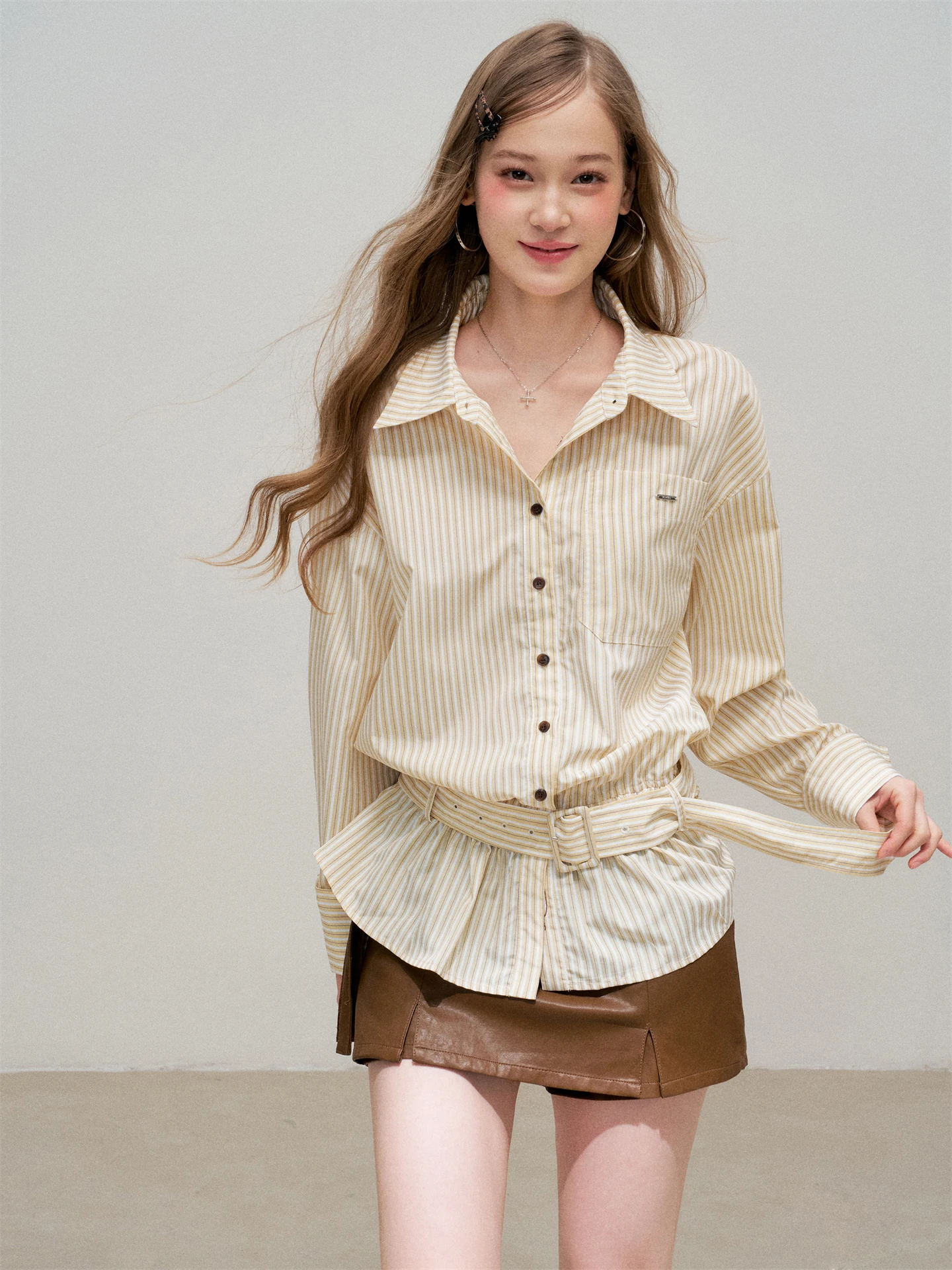 6DEWS Women's Long Sve irt Waist Cinched Plaid Korean Sle Casual Loose Fit irt with Belt Yellow And White Stripes
6DEWS Women's Long Sve irt Waist Cinched Plaid Korean Sle Casual Loose Fit irt with Belt Yellow And White Stripes