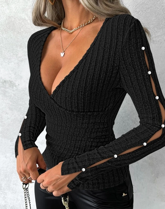 2024 Fashionable Women's Deep V-Neck Long Sleeved Ribbed Bead Hollow Monochrome Casual Tight Fitting Pullover Shirt
2024 Fashionable Women's Deep V-Neck Long Sleeved Ribbed Bead Hollow Monochrome Casual Tight Fitting Pullover Shirt