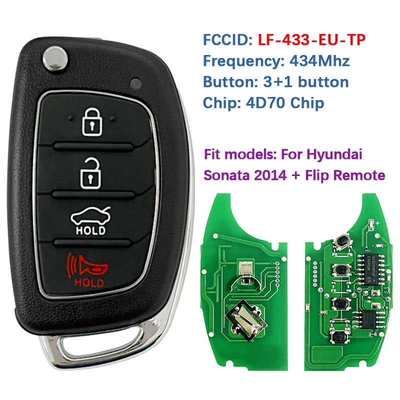 CN020052 Aftermarket 4 Buttons Flip Remote Fob 4D60 Chip 433Mhz FCC LF-433-EU-TP TOY48 Blade For Hyundai Sonata 2014-2017
CN020052 Aftermarket 4 Buttons Flip Remote Fob 4D60 Chip 433Mhz FCC LF-433-EU-TP TOY48 Blade For Hyundai Sonata 2014-2017