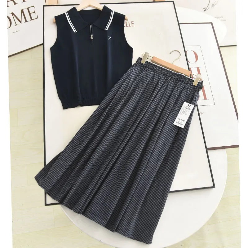 High Waist Knitted Neck Sleeveless Top And Plaid Skirt Two Piece Set Autumn Fashion Women's Clothing Ensemble
High Waist Knitted Neck Sleeveless Top And Plaid Skirt Two Piece Set Autumn Fashion Women's Clothing Ensemble