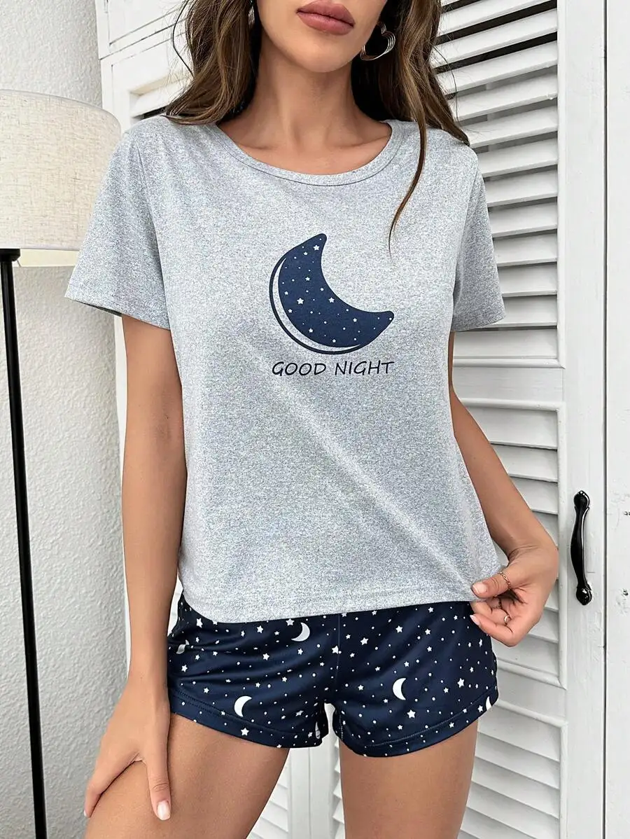 Moon Graphic Tee And Star Print Shorts Pajama Set Women Sleepwear
Moon Graphic Tee And Star Print Shorts Pajama Set Women Sleepwear