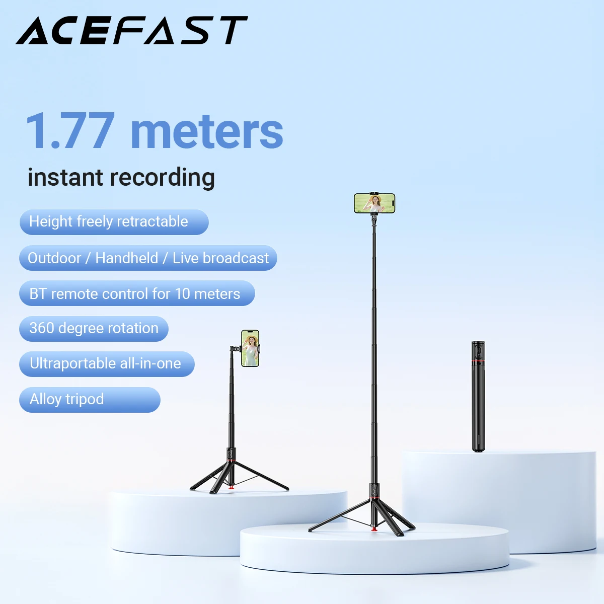 ACEFAST Selfie Stick Automatic Pop-Up Tripod with Bluetooth Remote Control Aluminum Alloy Live Broadcast Holder Extendable 1.77M 
ACEFAST Selfie Stick Automatic Pop-Up Tripod with Bluetooth Remote Control Aluminum Alloy Live Broadcast Holder Extendable 1.77M