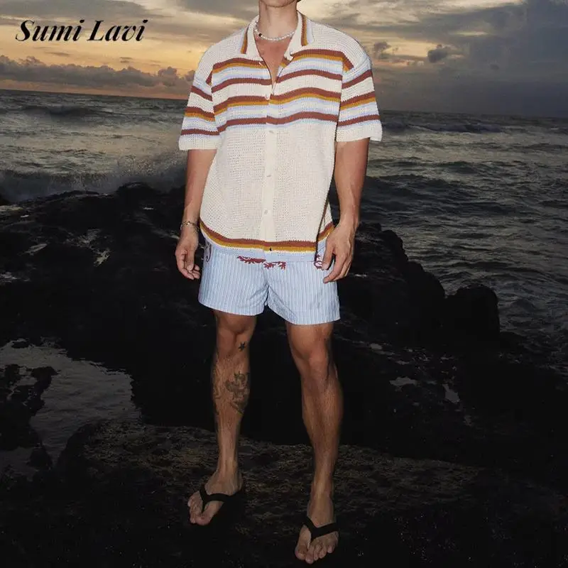 Vacation Beach Mens Casual Shirts Knit Hollow Out Short Sleeve Cardigan Top Men 2026 Spring Summer Vintage Striped Knitted Shirt
Vacation Beach Mens Casual Shirts Knit Hollow Out Short Sleeve Cardigan Top Men 2026 Spring Summer Vintage Striped Knitted Shirt