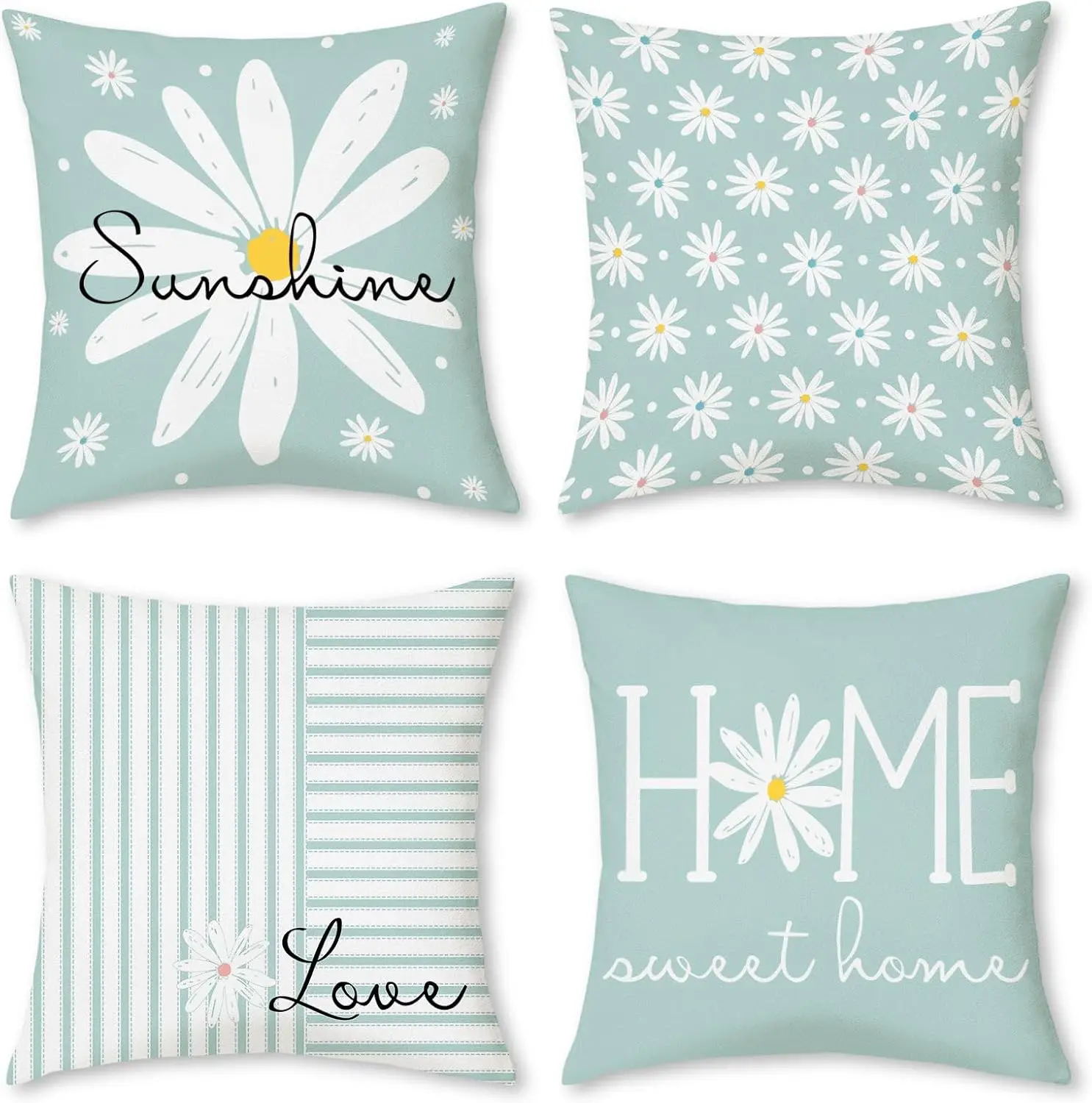 4Pcs Mint Green Daisy Throw Pillow Covers, Sunshine Love Home Sweet Home Cushion Cases for Sofa Living Room Bedroom Home Decor
4Pcs Mint Green Daisy Throw Pillow Covers, Sunshine Love Home Sweet Home Cushion Cases for Sofa Living Room Bedroom Home Decor