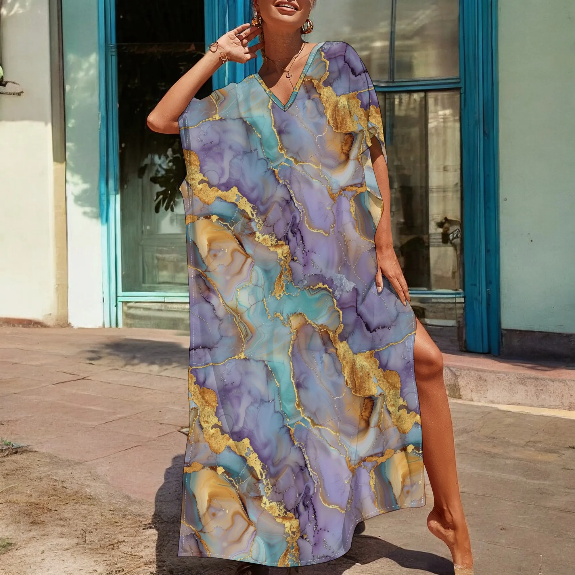 Abstract Mineral Print Kaftan Dress S-3XL Women's Boho Summer Robe with Blue & Gold Cracked Stone Pattern 2025 New
Abstract Mineral Print Kaftan Dress S-3XL Women's Boho Summer Robe with Blue & Gold Cracked Stone Pattern 2025 New