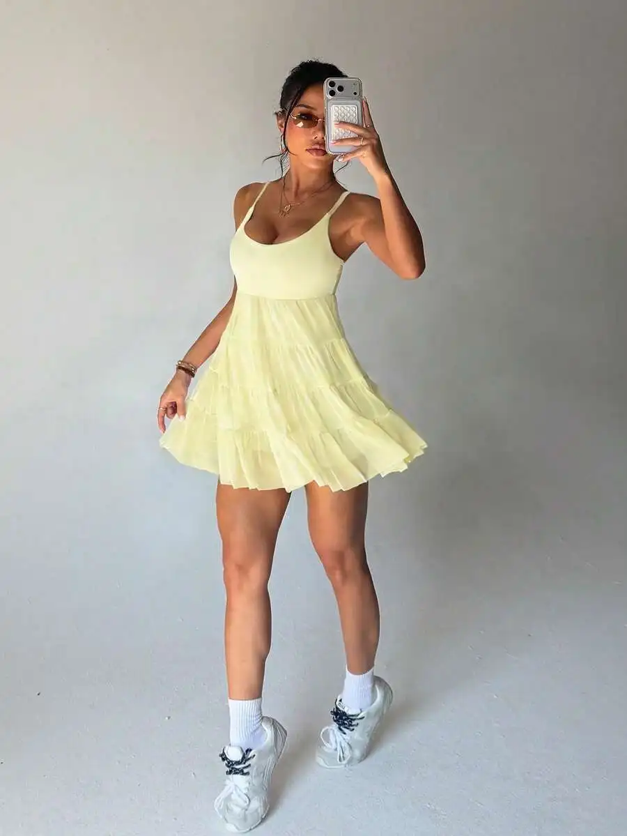 Women Sleeveless Tiered Mini Dress With Mesh Skirt Overlay And Shorts Pockets For Casual Yoga Gym
Women Sleeveless Tiered Mini Dress With Mesh Skirt Overlay And Shorts Pockets For Casual Yoga Gym