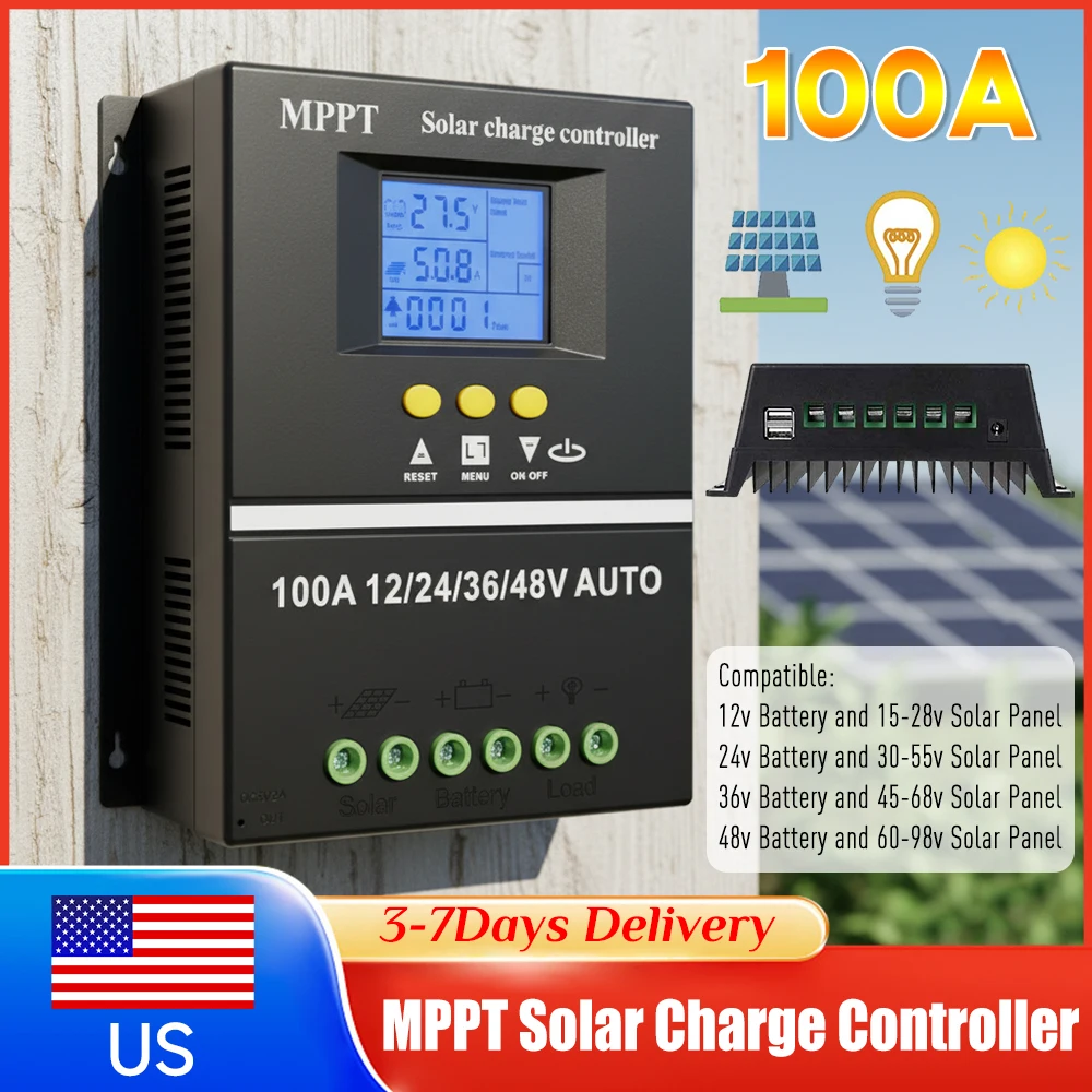 100A MPPT Solar Charge Controller Auto Solar Regulator LCD Display Dual USB 12V 24V 36V 48V Solar Panel Battery Charger Supplies
100A MPPT Solar Charge Controller Auto Solar Regulator LCD Display Dual USB 12V 24V 36V 48V Solar Panel Battery Charger Supplies